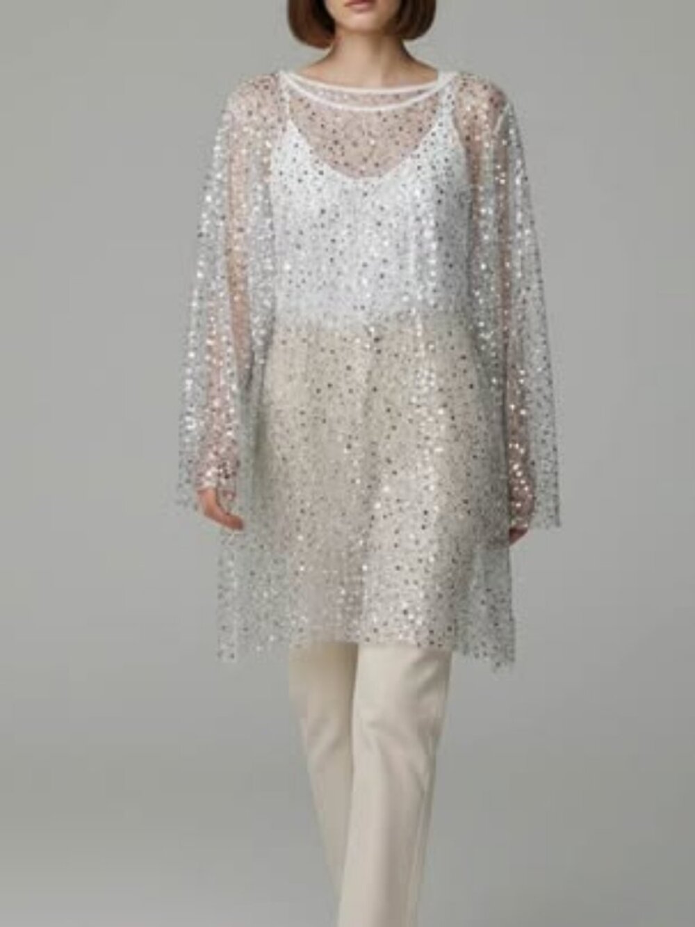 Silver Sequin Sheer Long-Sleeve Top with White Tank — 2-Piece Set